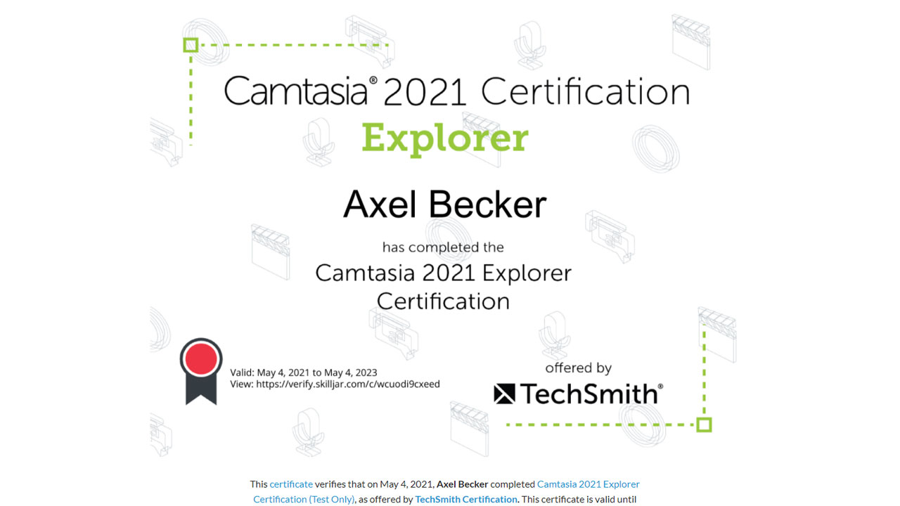 Camtasia 2021 Zertifikat für Axel Becker