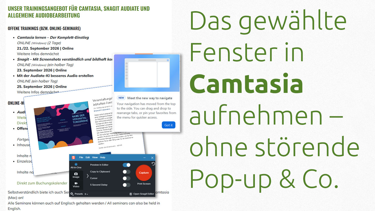 Das gewählte Fenster in Camtasia aufnehmen – ohne störende Pop-up & Co.